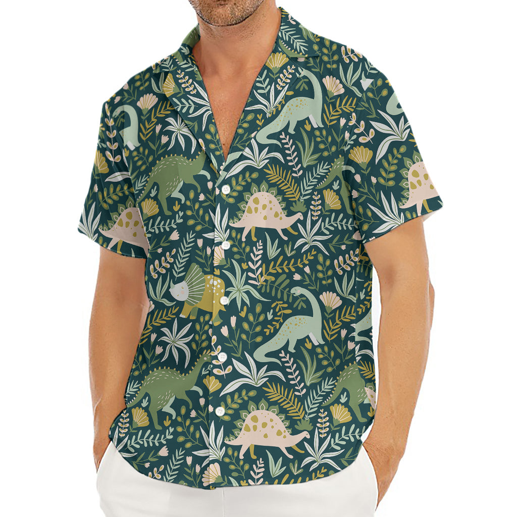Cute Dino Tropical Leaves Pattern Print Men's Deep V-Neck Shirt