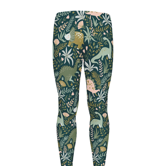 Cute Dino Tropical Leaves Pattern Print Men's leggings