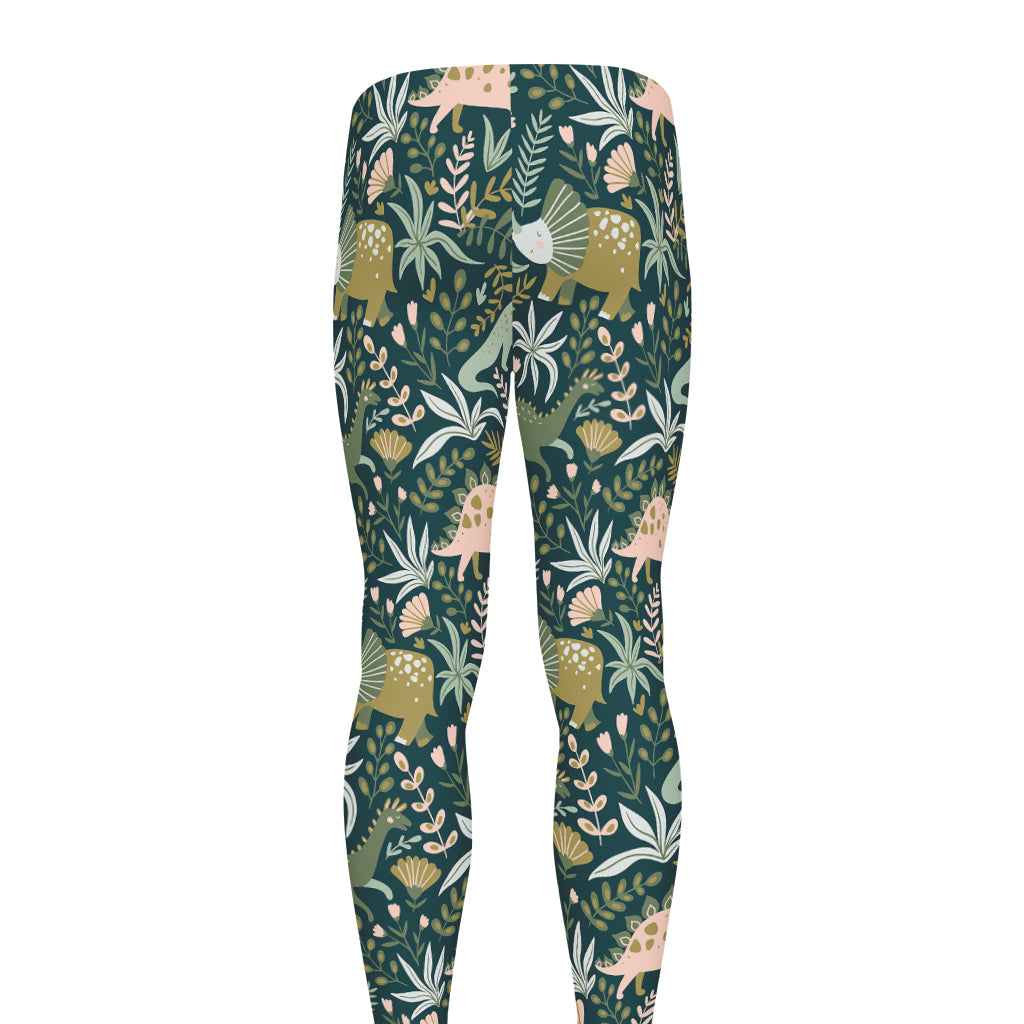 Cute Dino Tropical Leaves Pattern Print Men's leggings