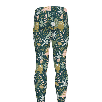 Cute Dino Tropical Leaves Pattern Print Men's leggings
