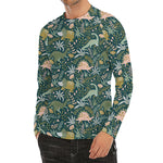 Cute Dino Tropical Leaves Pattern Print Men's Long Sleeve Rash Guard