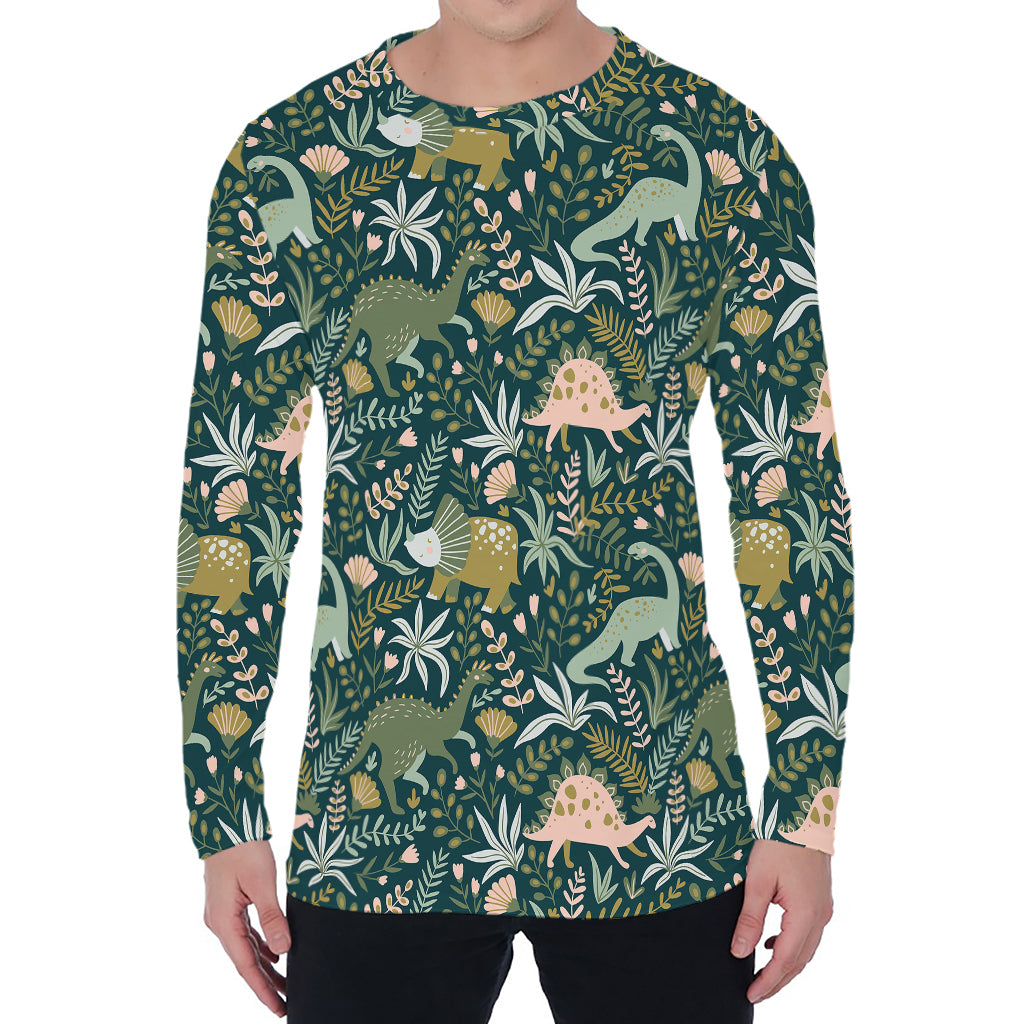 Cute Dino Tropical Leaves Pattern Print Men's Long Sleeve T-Shirt