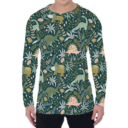 Cute Dino Tropical Leaves Pattern Print Men's Long Sleeve T-Shirt