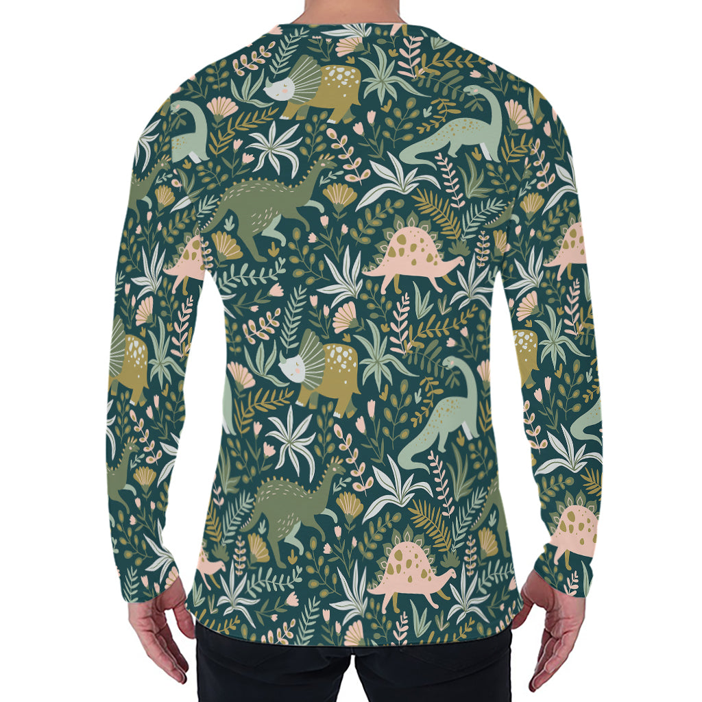 Cute Dino Tropical Leaves Pattern Print Men's Long Sleeve T-Shirt