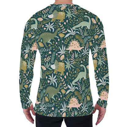 Cute Dino Tropical Leaves Pattern Print Men's Long Sleeve T-Shirt