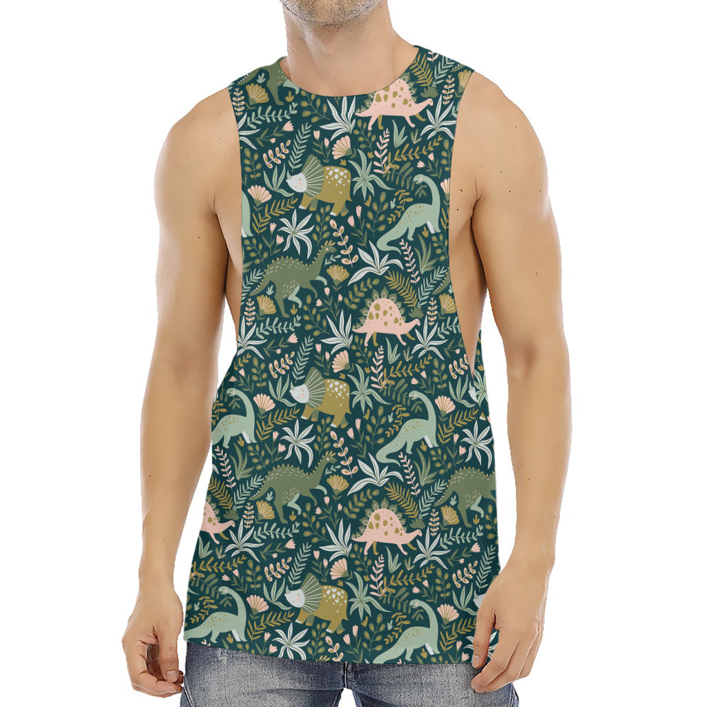 Cute Dino Tropical Leaves Pattern Print Men's Muscle Tank Top