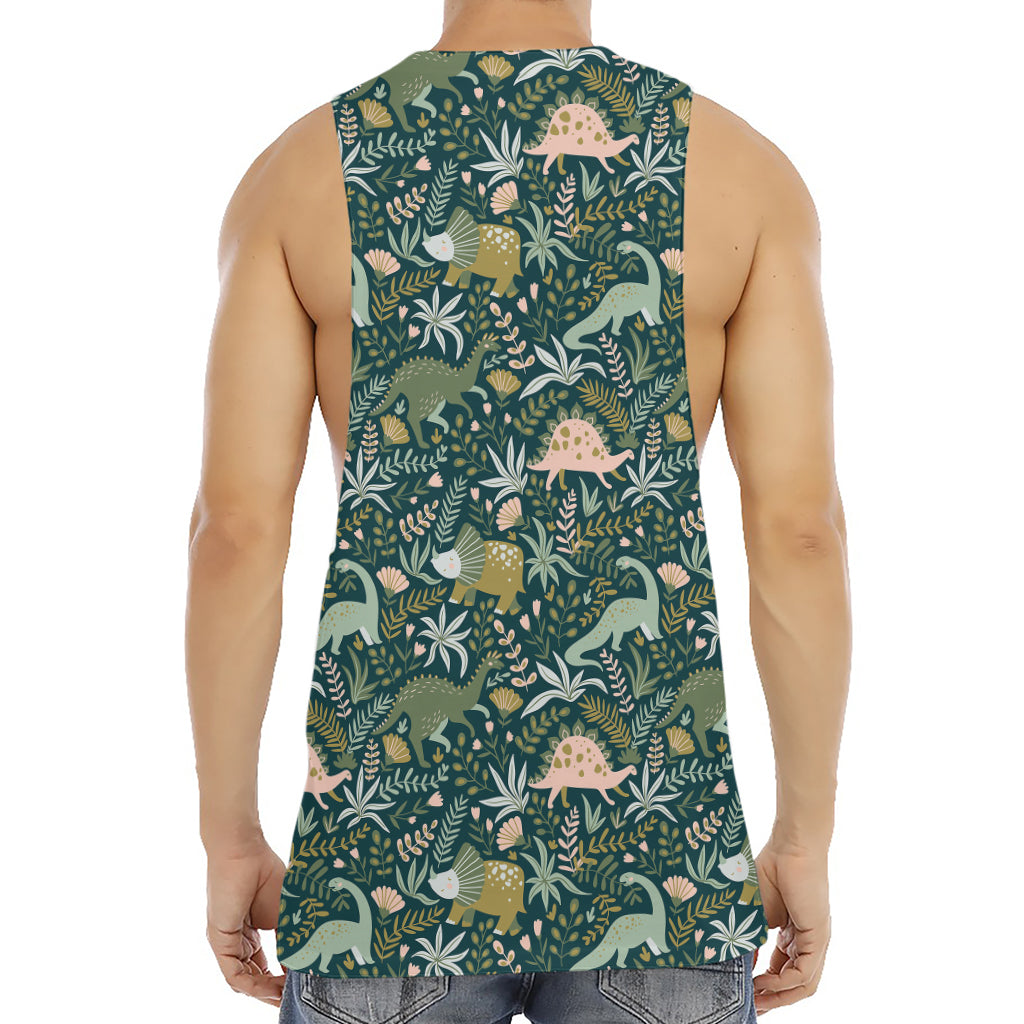 Cute Dino Tropical Leaves Pattern Print Men's Muscle Tank Top