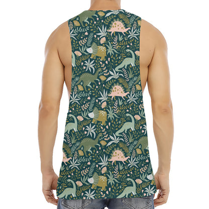 Cute Dino Tropical Leaves Pattern Print Men's Muscle Tank Top