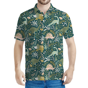 Cute Dino Tropical Leaves Pattern Print Men's Polo Shirt