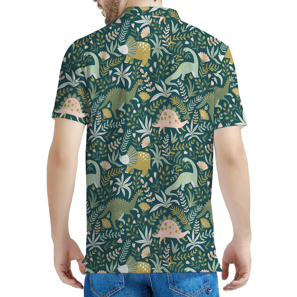 Cute Dino Tropical Leaves Pattern Print Men's Polo Shirt