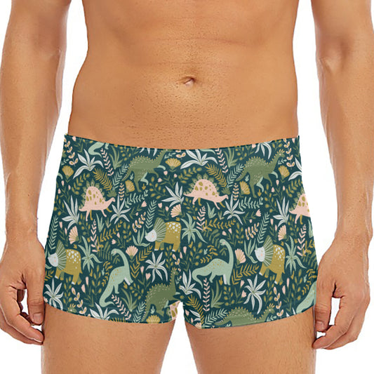 Cute Dino Tropical Leaves Pattern Print Men's Short Boxer Briefs