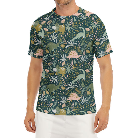 Cute Dino Tropical Leaves Pattern Print Men's Short Sleeve Rash Guard