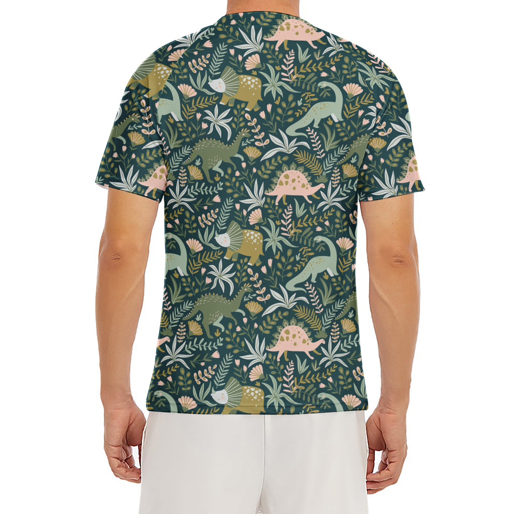 Cute Dino Tropical Leaves Pattern Print Men's Short Sleeve Rash Guard