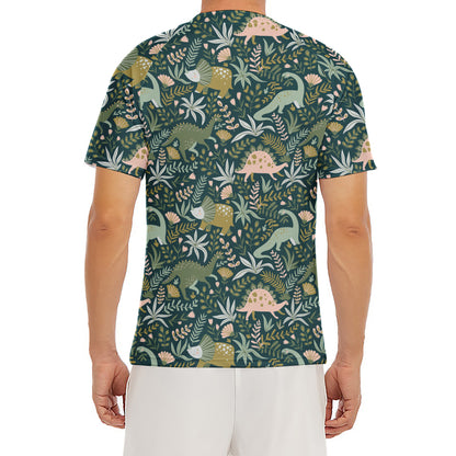 Cute Dino Tropical Leaves Pattern Print Men's Short Sleeve Rash Guard