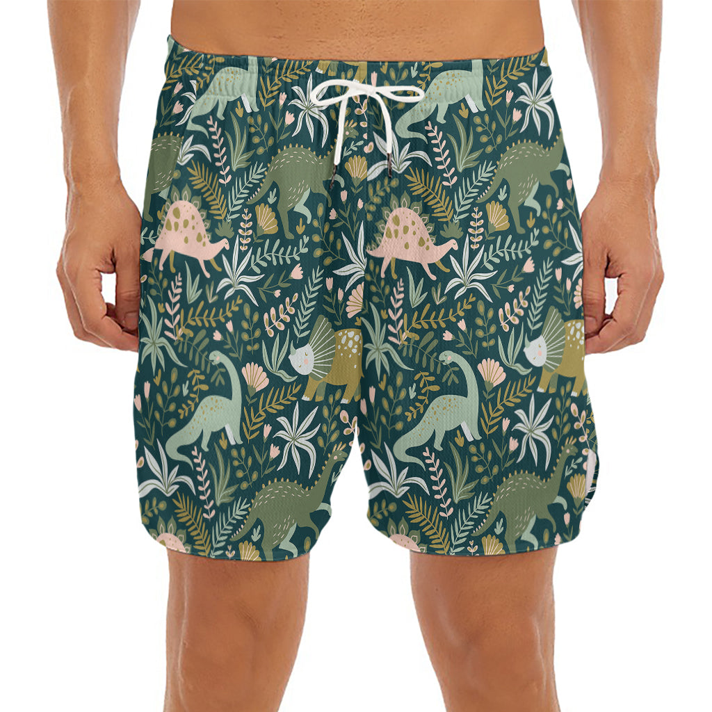 Cute Dino Tropical Leaves Pattern Print Men's Split Running Shorts