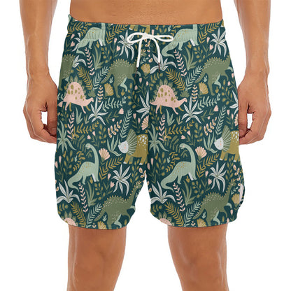 Cute Dino Tropical Leaves Pattern Print Men's Split Running Shorts