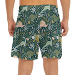 Cute Dino Tropical Leaves Pattern Print Men's Split Running Shorts