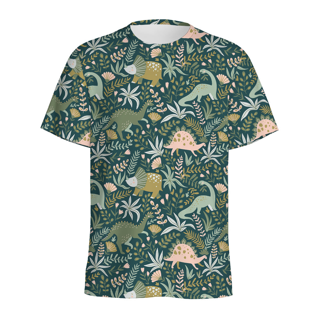 Cute Dino Tropical Leaves Pattern Print Men's Sports T-Shirt