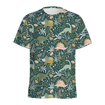 Cute Dino Tropical Leaves Pattern Print Men's Sports T-Shirt