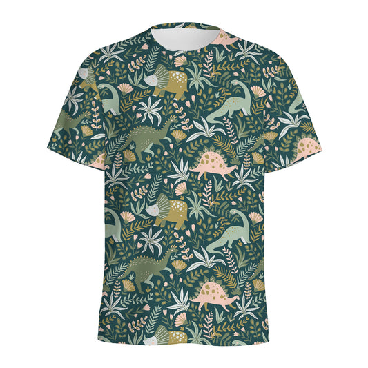 Cute Dino Tropical Leaves Pattern Print Men's Sports T-Shirt