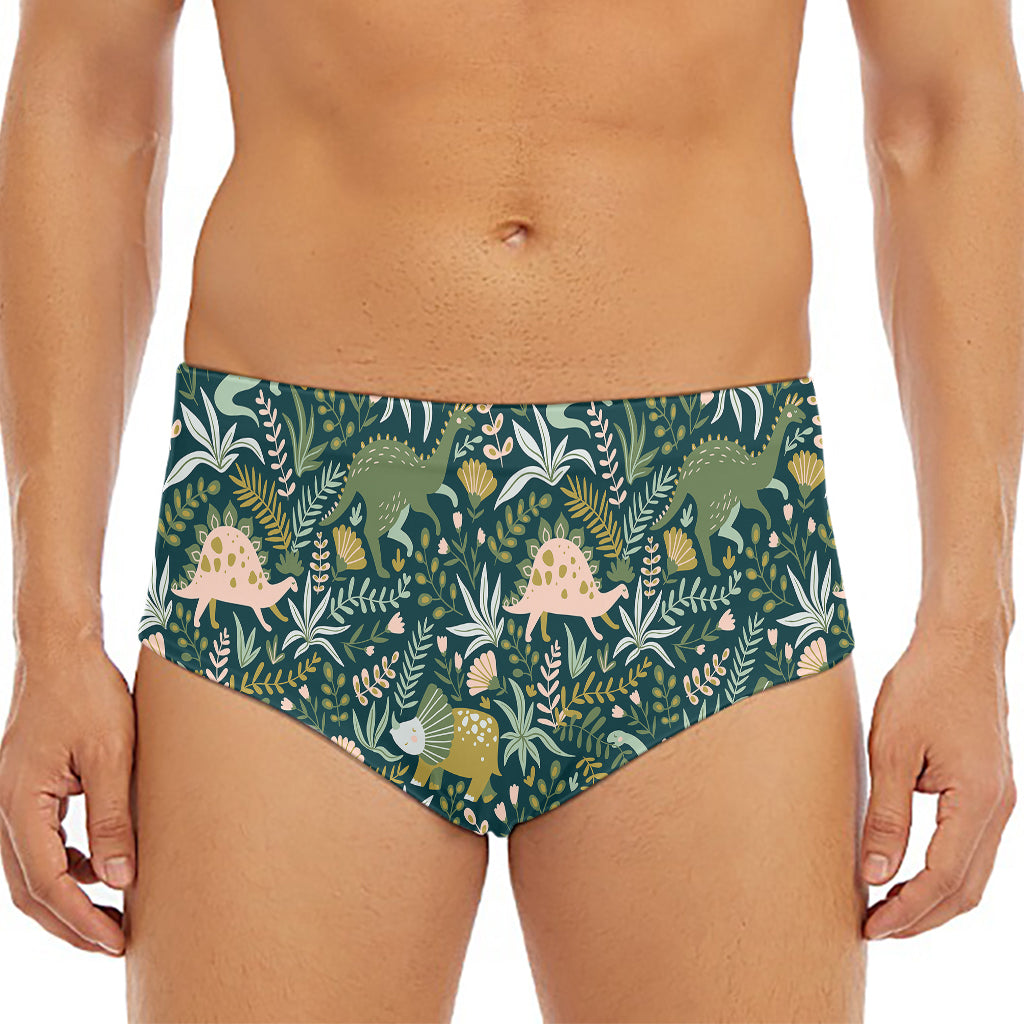 Cute Dino Tropical Leaves Pattern Print Men's Triangle Swim Briefs
