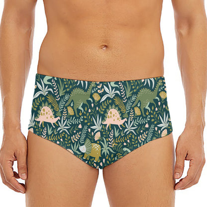 Cute Dino Tropical Leaves Pattern Print Men's Triangle Swim Briefs