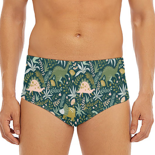 Cute Dino Tropical Leaves Pattern Print Men's Triangle Swim Briefs