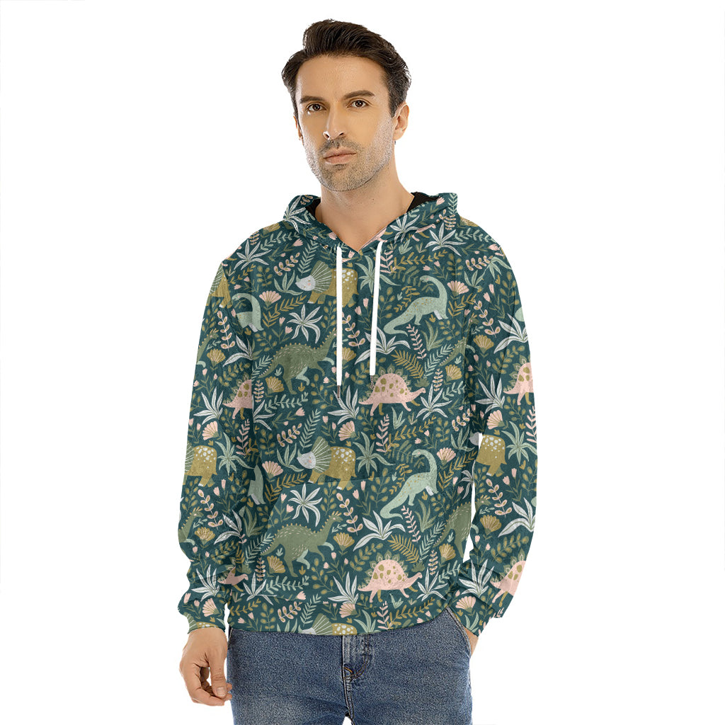 Cute Dino Tropical Leaves Pattern Print Men's Velvet Pullover Hoodie