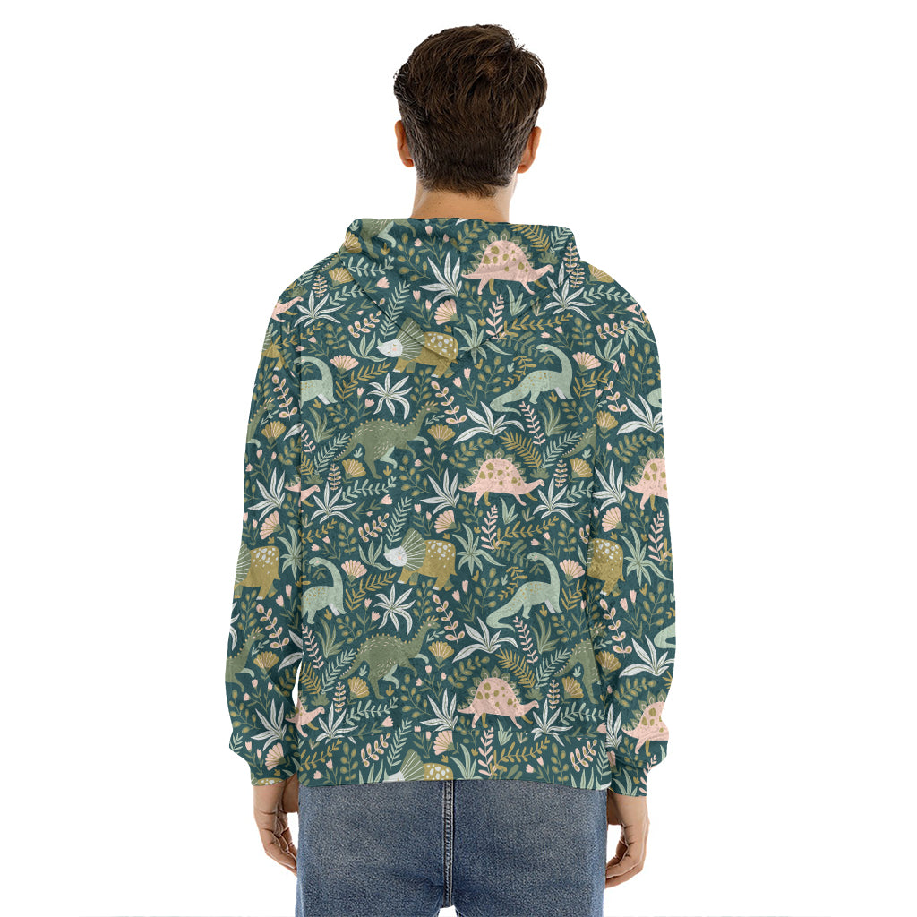 Cute Dino Tropical Leaves Pattern Print Men's Velvet Pullover Hoodie