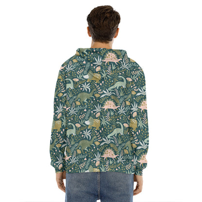 Cute Dino Tropical Leaves Pattern Print Men's Velvet Pullover Hoodie