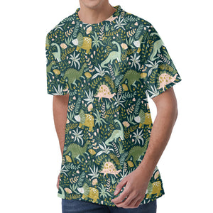 Cute Dino Tropical Leaves Pattern Print Men's Velvet T-Shirt