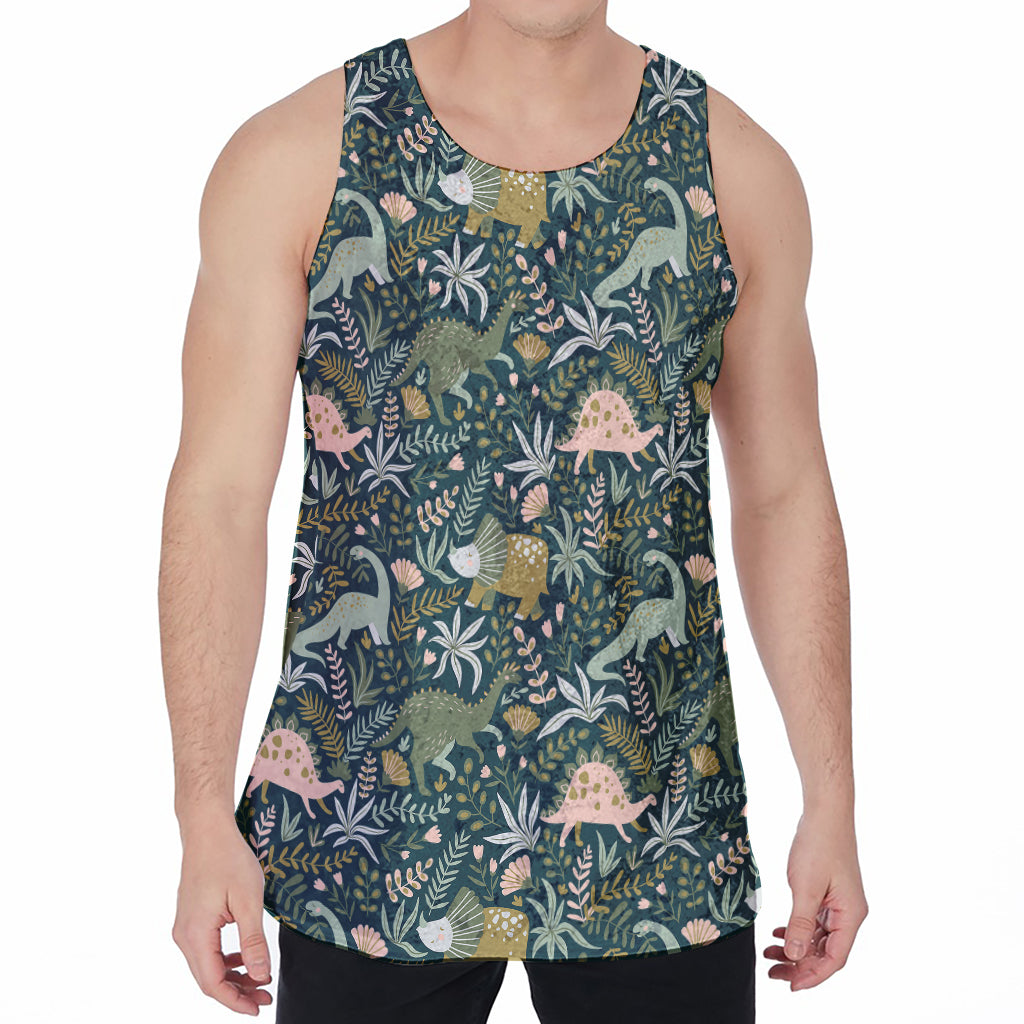 Cute Dino Tropical Leaves Pattern Print Men's Velvet Tank Top