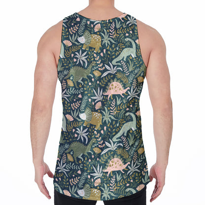 Cute Dino Tropical Leaves Pattern Print Men's Velvet Tank Top