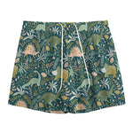 Cute Dino Tropical Leaves Pattern Print Mesh Shorts