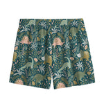 Cute Dino Tropical Leaves Pattern Print Mesh Shorts