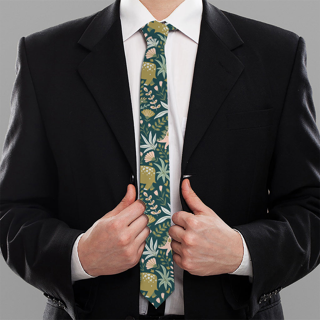 Cute Dino Tropical Leaves Pattern Print Necktie