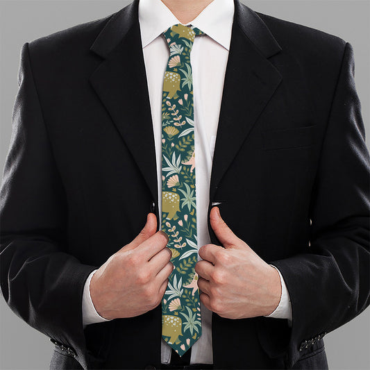 Cute Dino Tropical Leaves Pattern Print Necktie