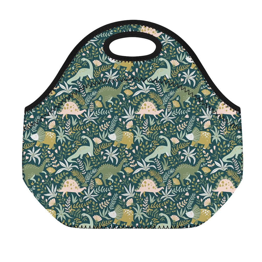 Cute Dino Tropical Leaves Pattern Print Neoprene Lunch Bag