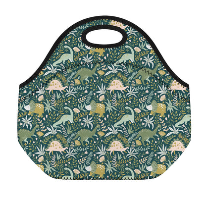 Cute Dino Tropical Leaves Pattern Print Neoprene Lunch Bag
