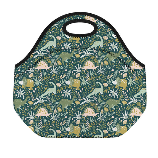 Cute Dino Tropical Leaves Pattern Print Neoprene Lunch Bag