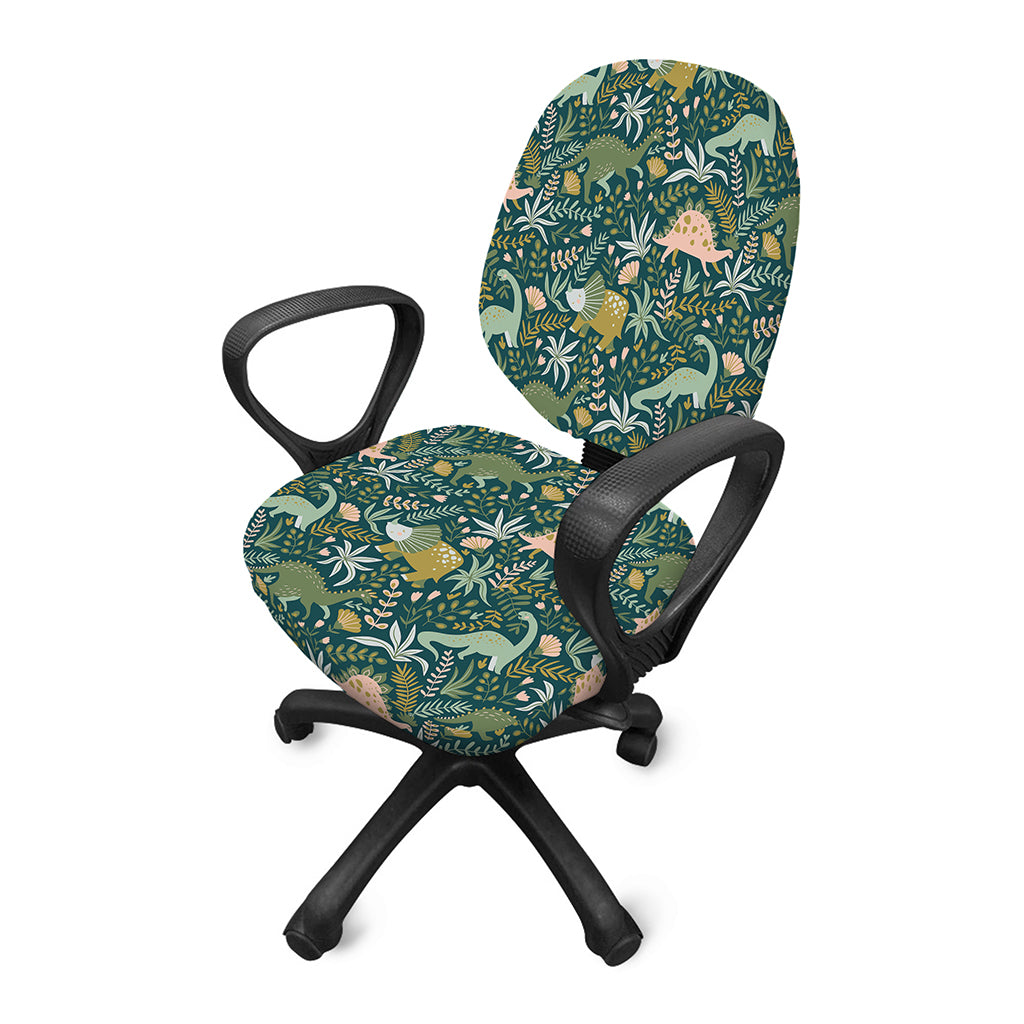Cute Dino Tropical Leaves Pattern Print Office Chair Cover