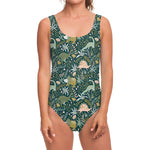 Cute Dino Tropical Leaves Pattern Print One Piece Swimsuit