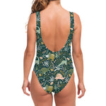 Cute Dino Tropical Leaves Pattern Print One Piece Swimsuit