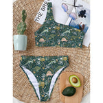 Cute Dino Tropical Leaves Pattern Print One Shoulder Bikini Top