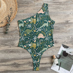 Cute Dino Tropical Leaves Pattern Print One Shoulder Bodysuit