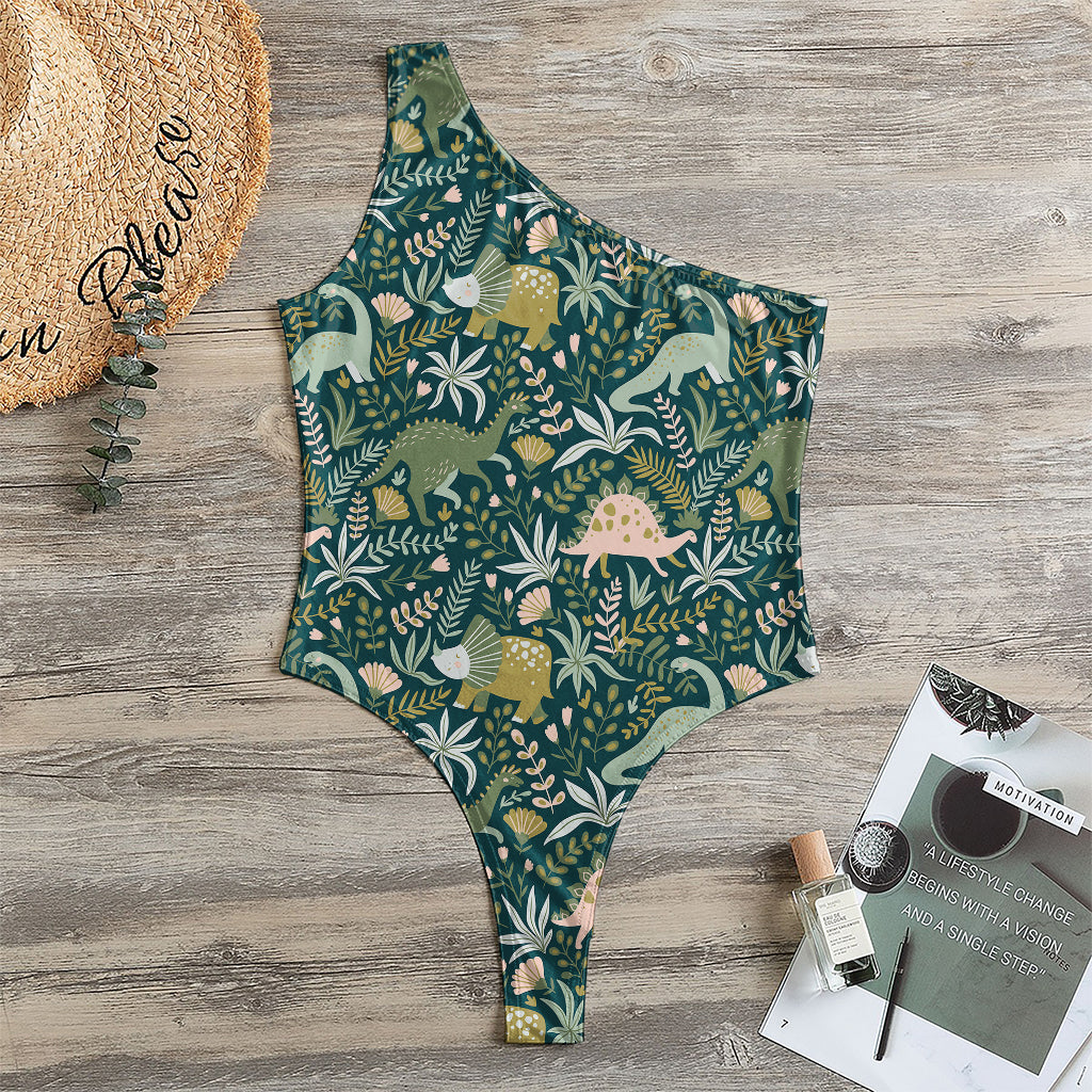 Cute Dino Tropical Leaves Pattern Print One Shoulder Bodysuit