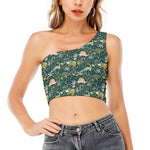 Cute Dino Tropical Leaves Pattern Print One Shoulder Crop Top