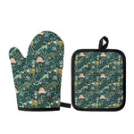 Cute Dino Tropical Leaves Pattern Print Oven Mitt And Pot Holder Set