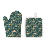 Cute Dino Tropical Leaves Pattern Print Oven Mitt And Pot Holder Set