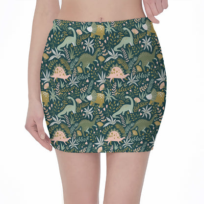 Cute Dino Tropical Leaves Pattern Print Pencil Mini Skirt